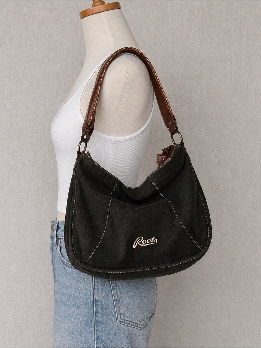 Vintage Roots Black Canvas Hobo Shoulder Bag with Brown Leather Strap